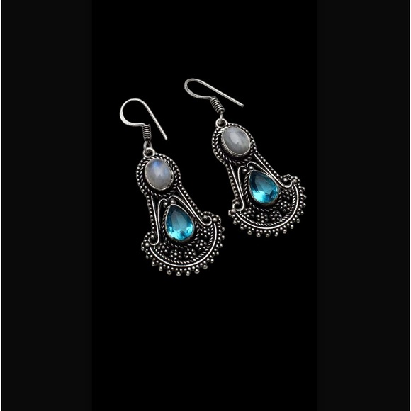 Rainbow Moonstone & Blue Topaz Drop Dangle Hook Style Earrings 2" L New With Tag - Picture 12 of 16